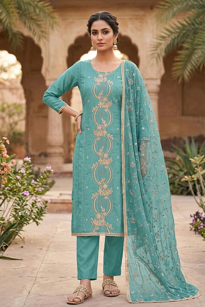 Graceful Teal Green PV Chanderi Embroidery Hand Work Salwar Suit with Dupatta