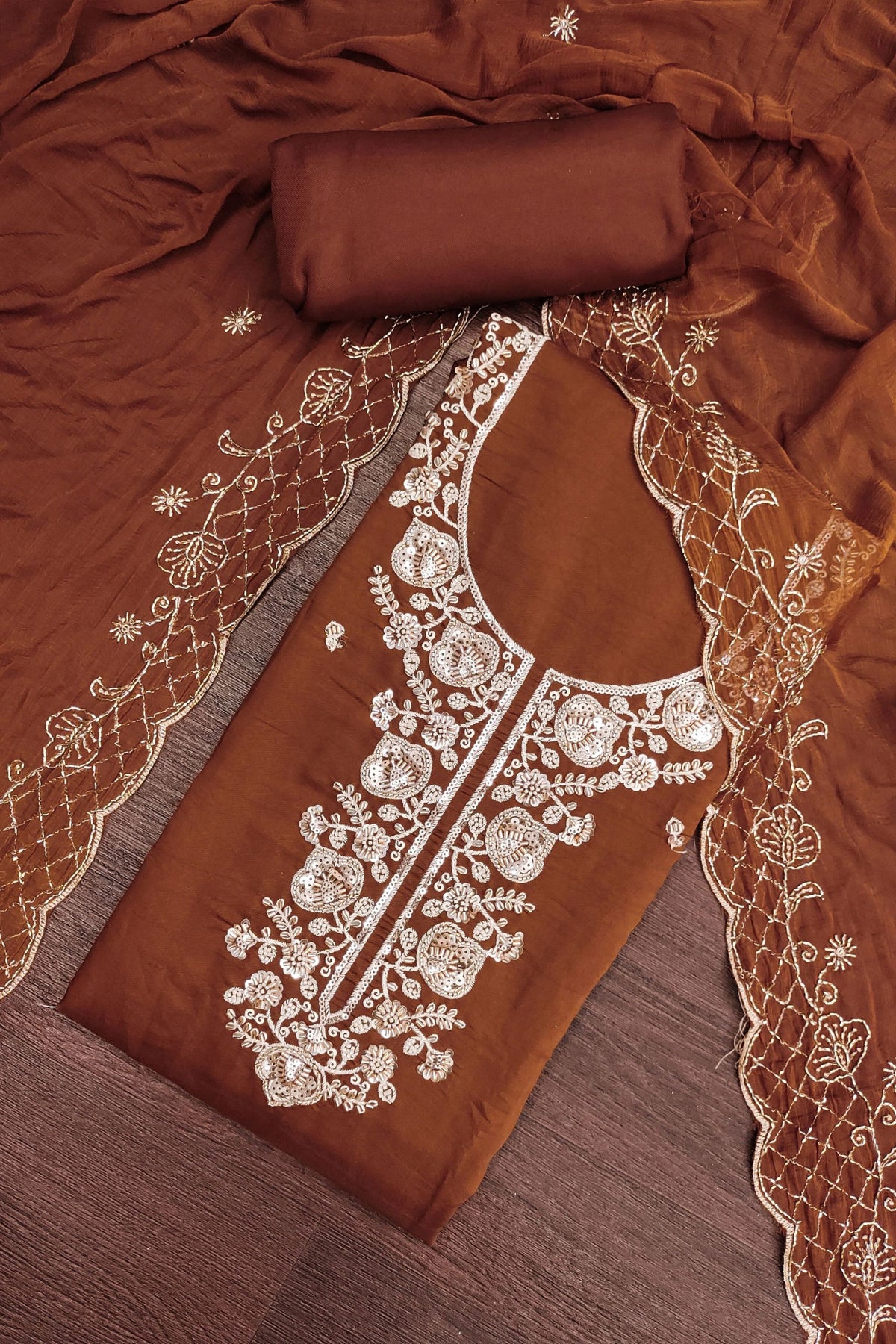 Admirable Brown PV Chanderi Embroidery Hand Work Salwar Suit with Dupatta