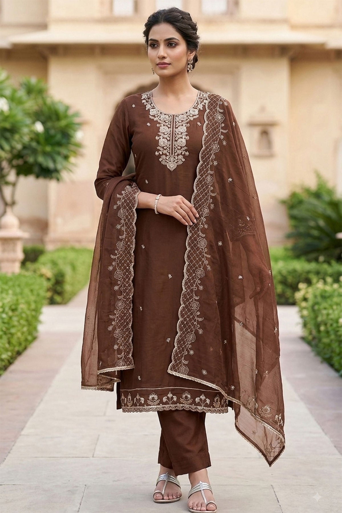 Admirable Brown PV Chanderi Embroidery Hand Work Salwar Suit with Dupatta