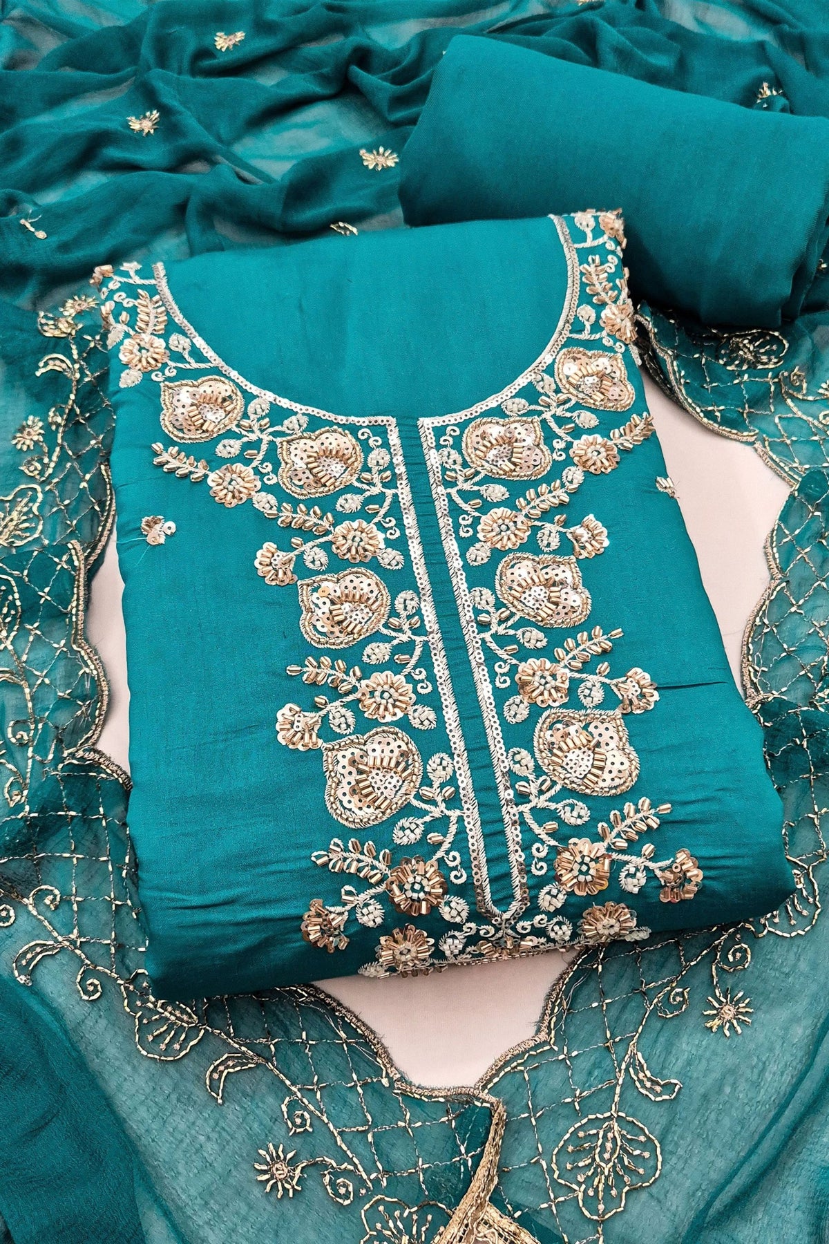 Gorgeous Teal Blue PV Chanderi Embroidery Hand Work Salwar Suit with Dupatta