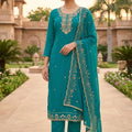 Gorgeous Teal Blue PV Chanderi Embroidery Hand Work Salwar Suit with Dupatta