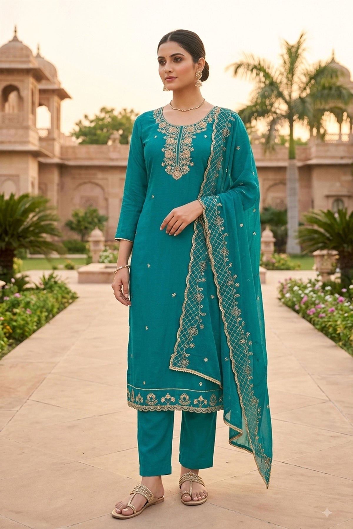 Gorgeous Teal Blue PV Chanderi Embroidery Hand Work Salwar Suit with Dupatta
