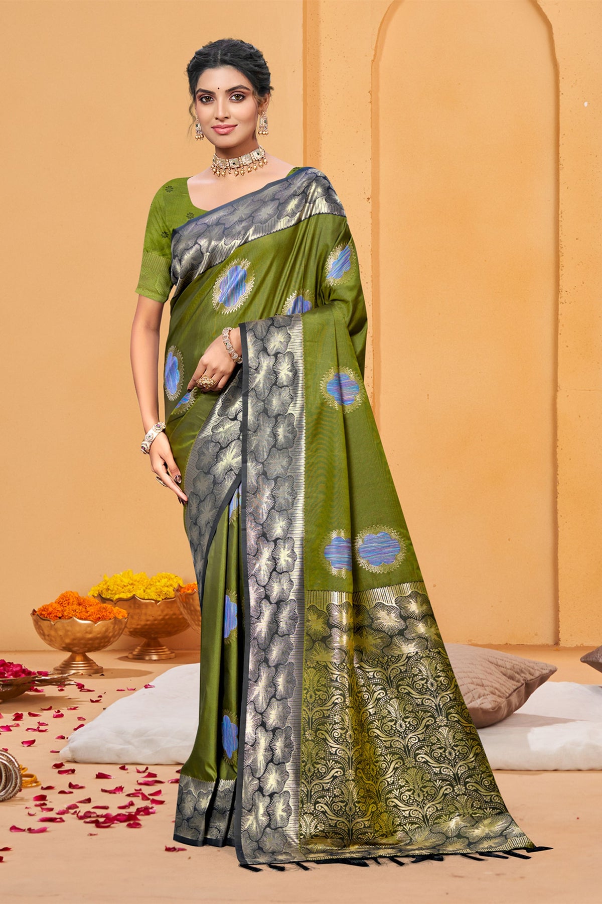 Elegant Olive Green Soft Silk Woven Designer Saree for Women