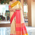 Beautiful Ivory Slub Silk Woven Saree for Women