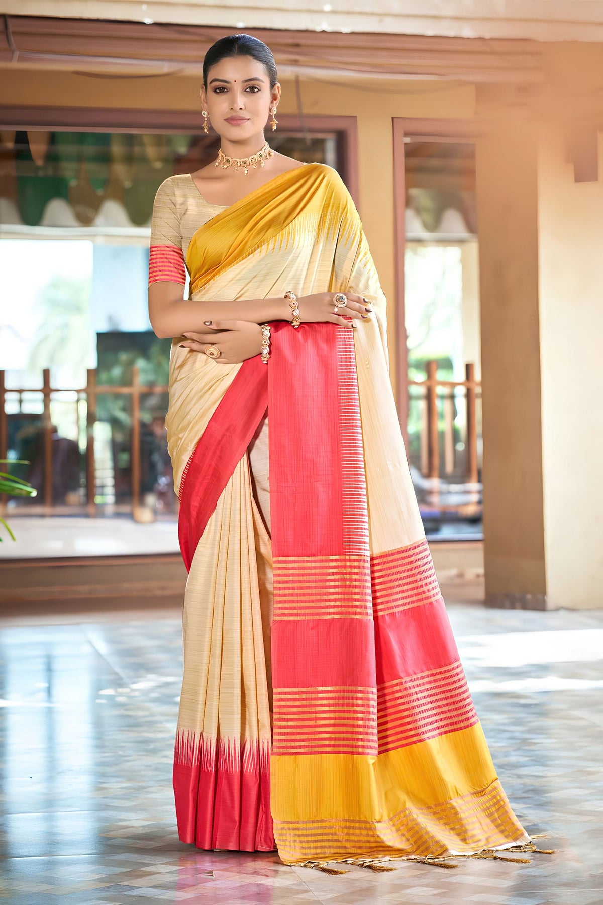 Beautiful Ivory Slub Silk Woven Saree for Women