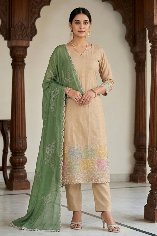 Stylish Beige Salsa Beads Embroidery Work Salwar Suit with Dupatta
