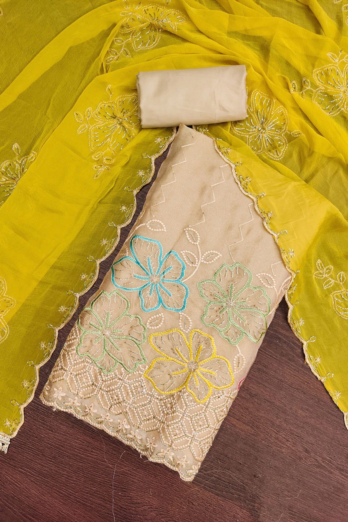 Premium Beige Salsa Beads Embroidery Work Salwar Suit with Dupatta