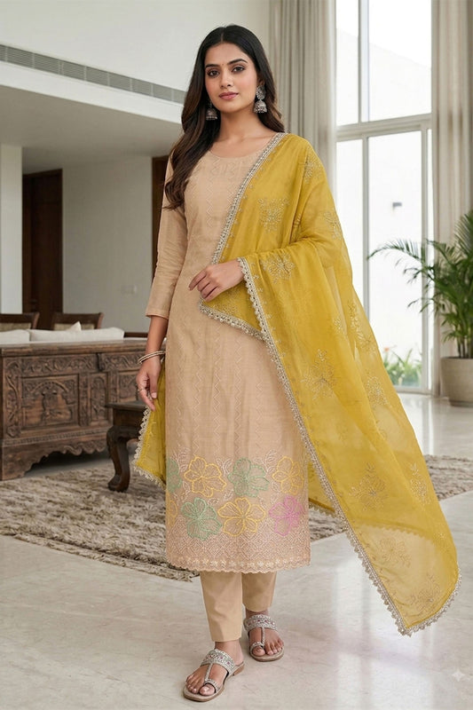 Premium Beige Salsa Beads Embroidery Work Salwar Suit with Dupatta