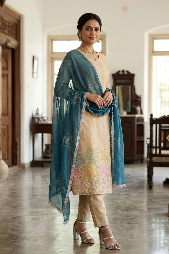 Gorgeous Beige Salsa Beads Embroidery Work Salwar Suit with Dupatta