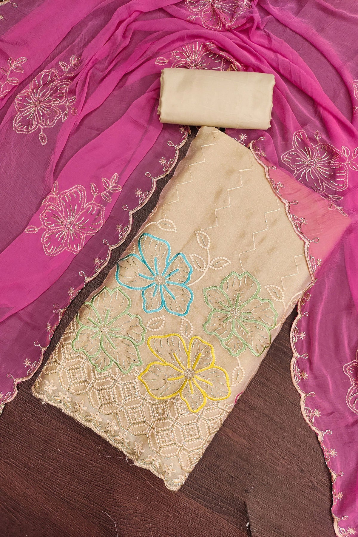 Stunning Beige Salsa Beads Embroidery Work Salwar Suit Dupatta
