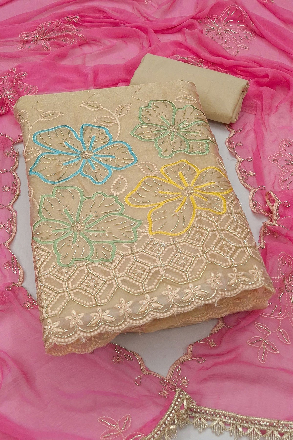 Stunning Beige Salsa Beads Embroidery Work Salwar Suit Dupatta