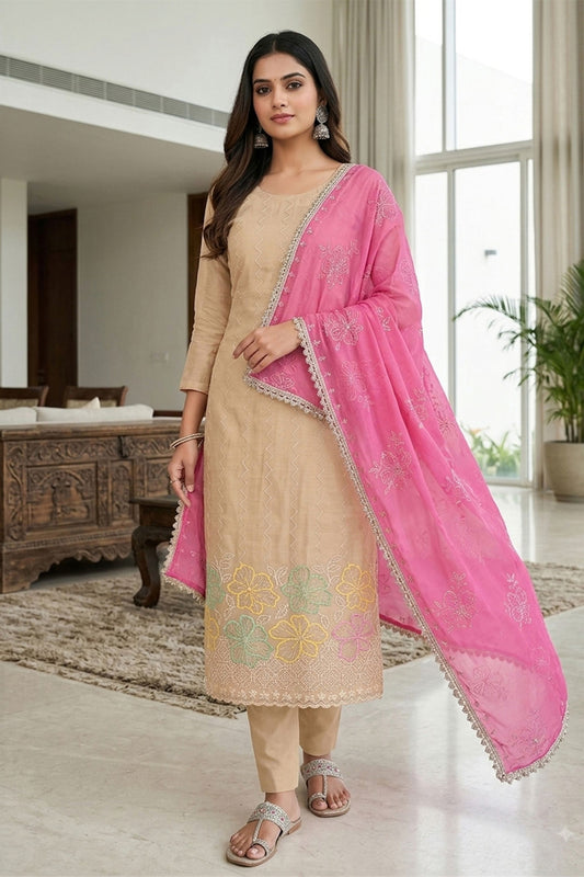 Stunning Beige Salsa Beads Embroidery Work Salwar Suit Dupatta