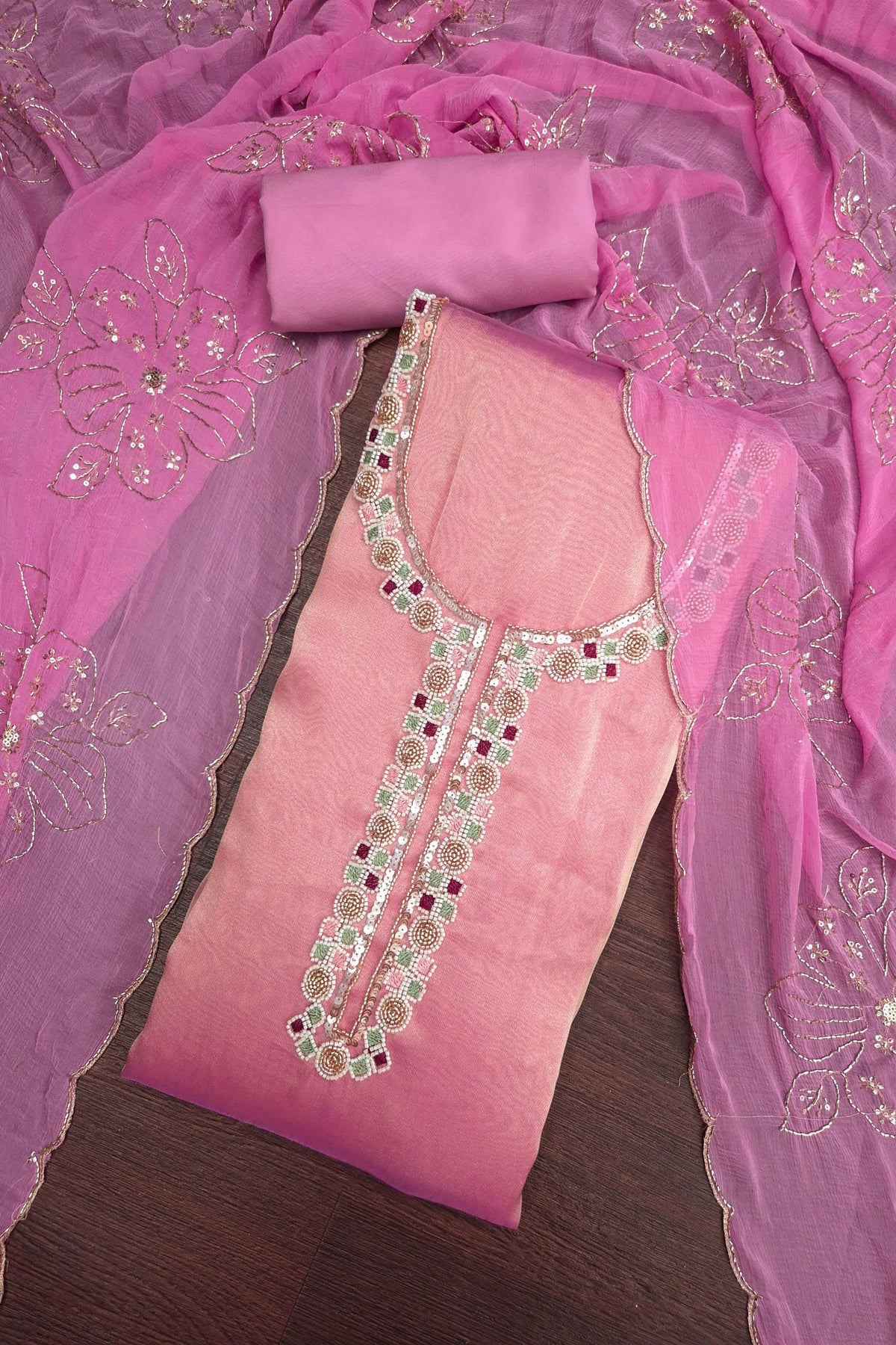 Lovely Peach Pink Salsa Beads Embroidery Work Salwar Suit with Dupatta