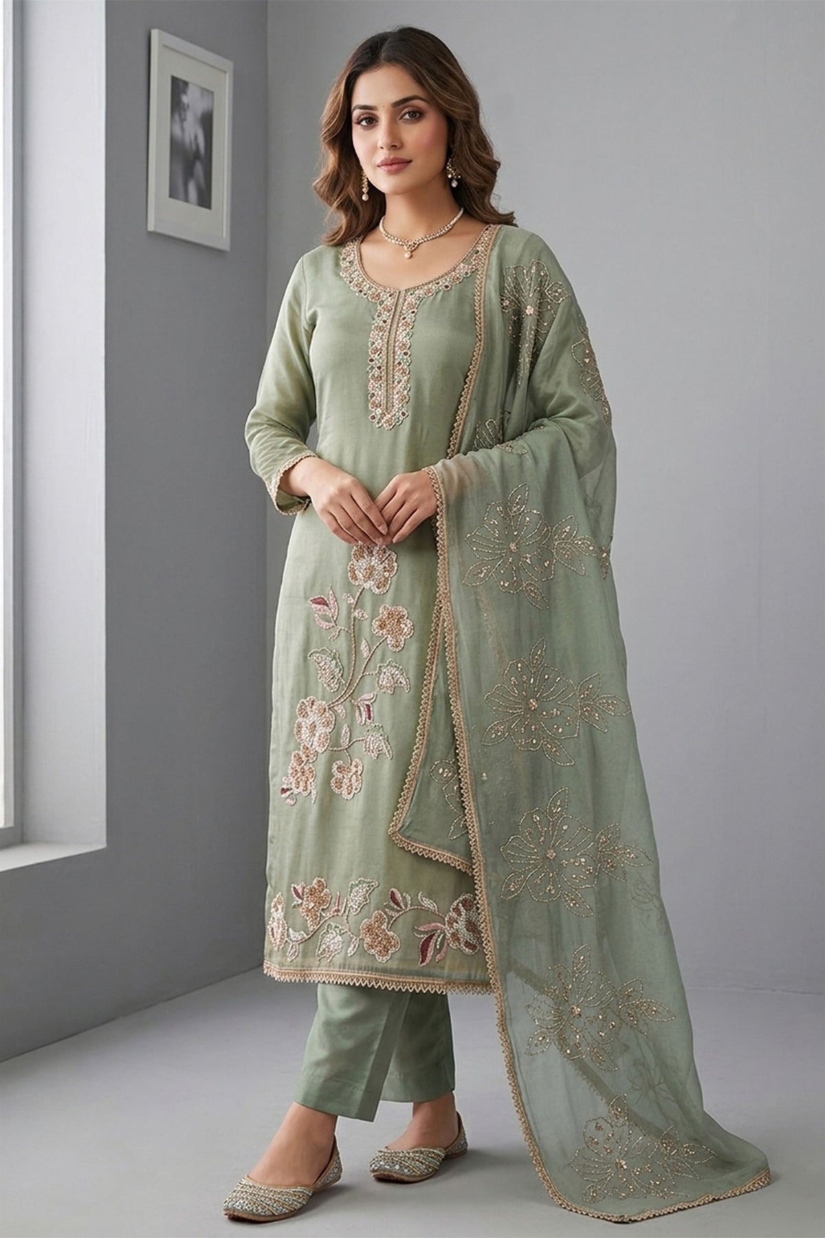 Graceful Sage Green Salsa Beads Embroidery Work Salwar Suit with Dupatta