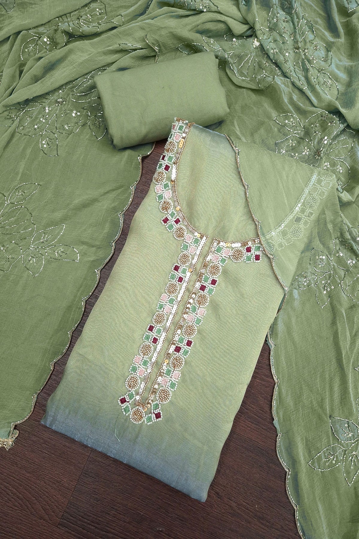 Graceful Olive Green Salsa Beads Embroidery Work Salwar Suit with Dupatta