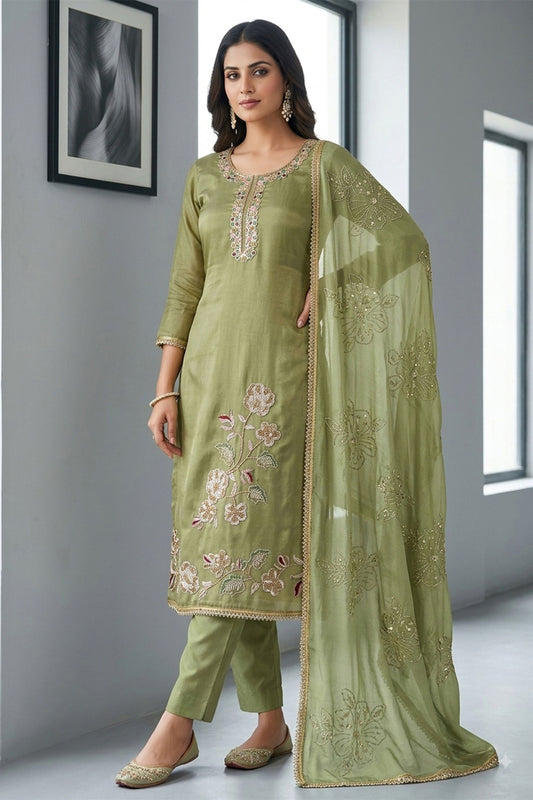 Graceful Olive Green Salsa Beads Embroidery Work Salwar Suit with Dupatta