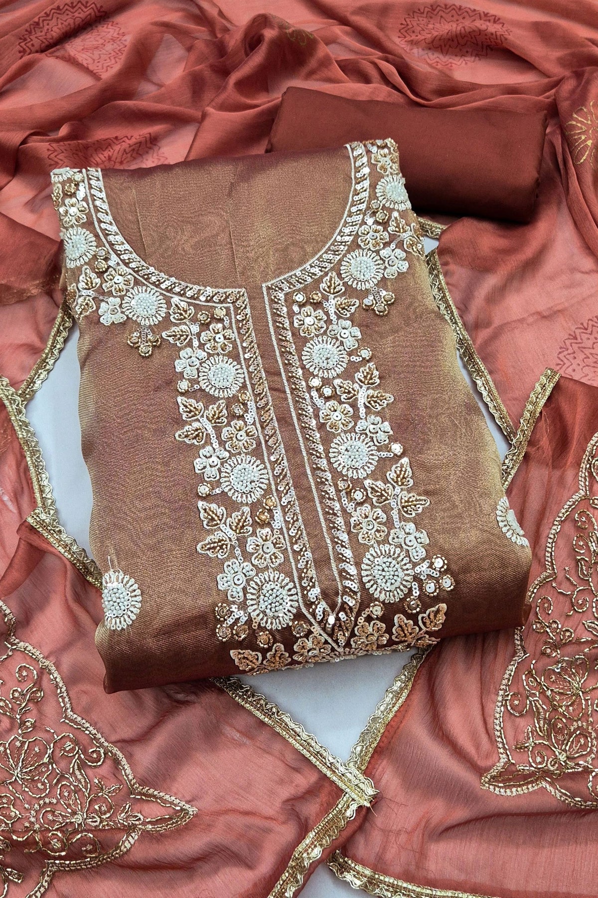 Charming Rust Brown Salsa Beads Embroidery Work Salwar Suit with Dupatta