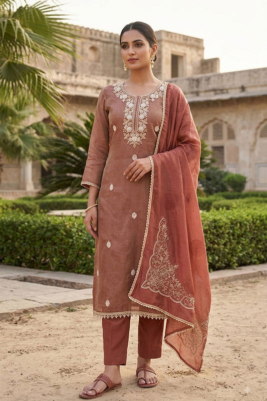 Charming Rust Brown Salsa Beads Embroidery Work Salwar Suit with Dupatta