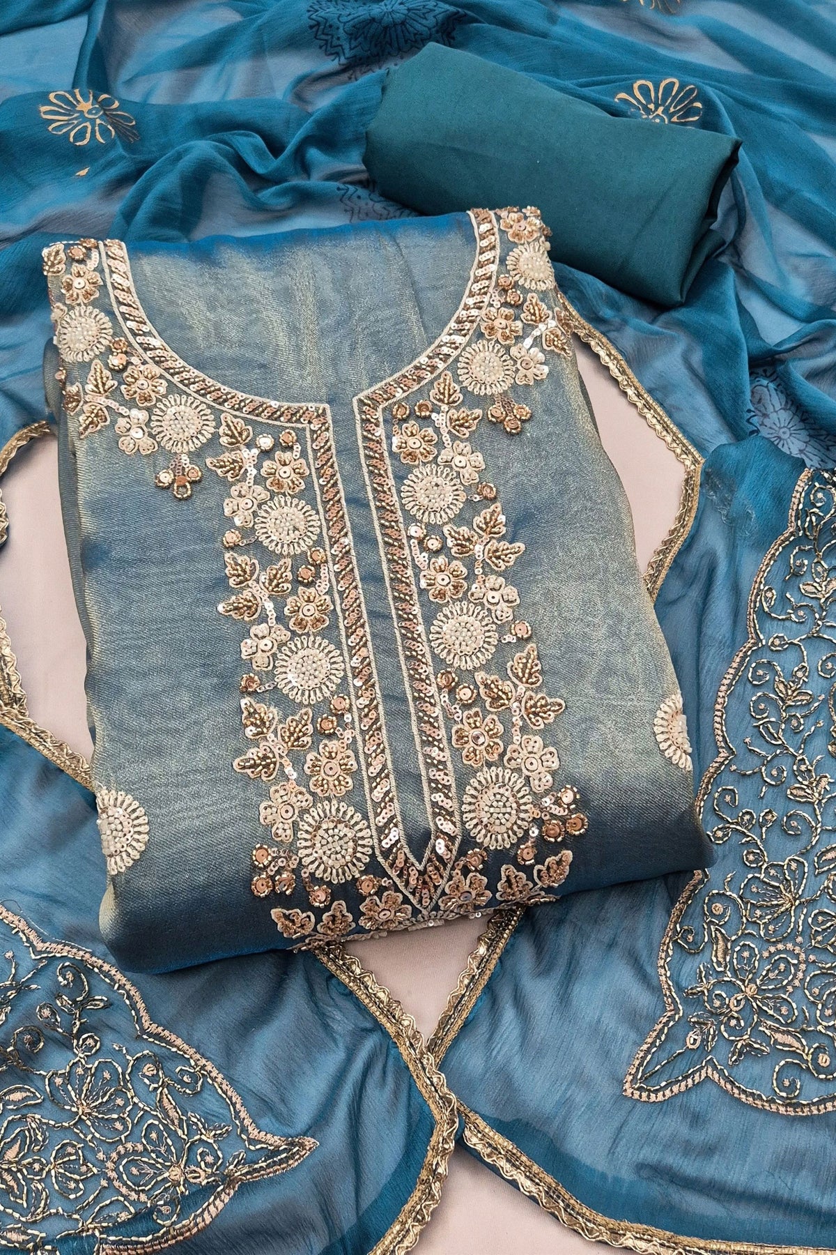 Trendy Teal Blue Salsa Beads Embroidery Work Salwar Suit with Dupatta