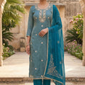 Trendy Teal Blue Salsa Beads Embroidery Work Salwar Suit with Dupatta
