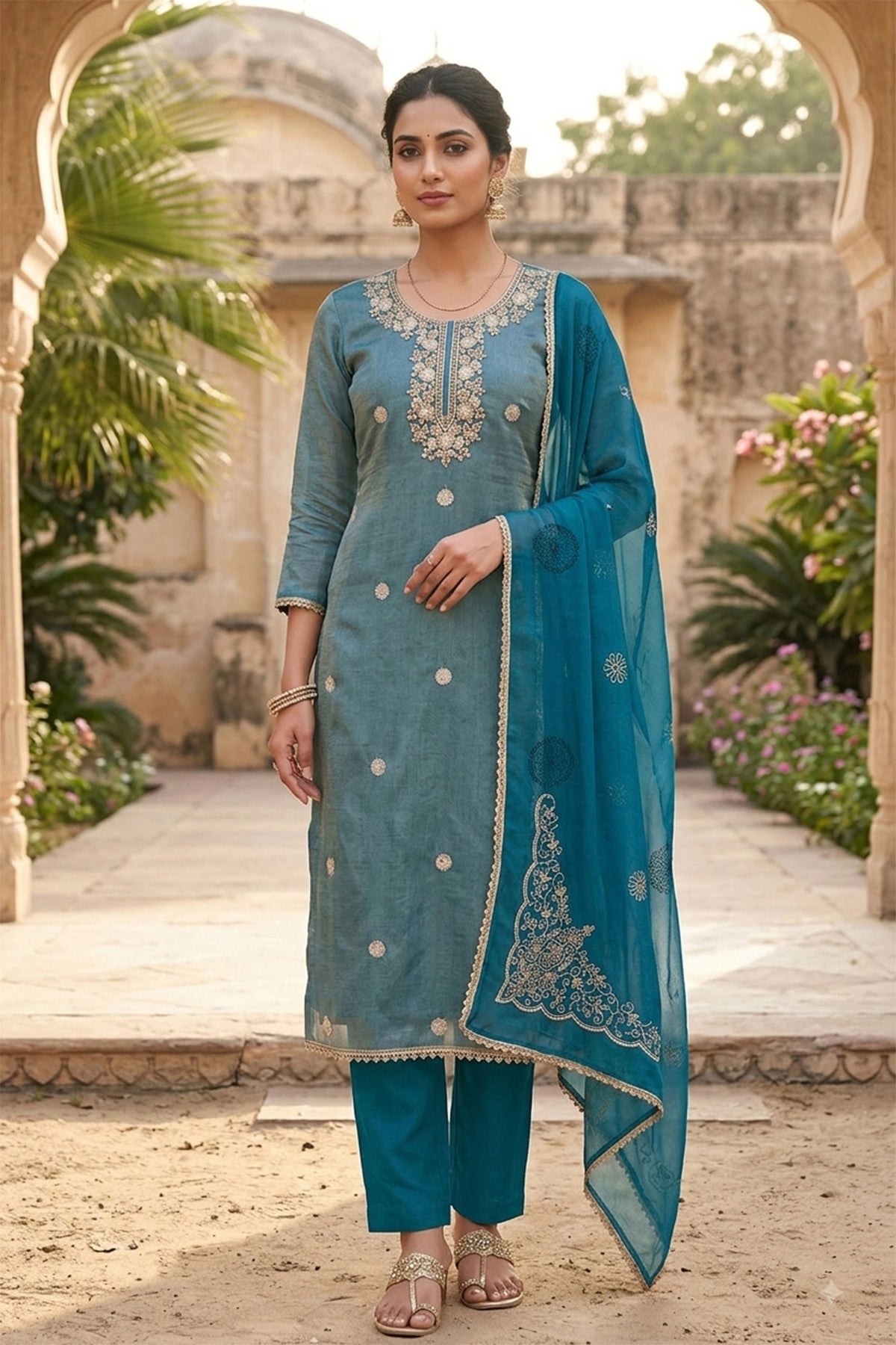Trendy Teal Blue Salsa Beads Embroidery Work Salwar Suit with Dupatta