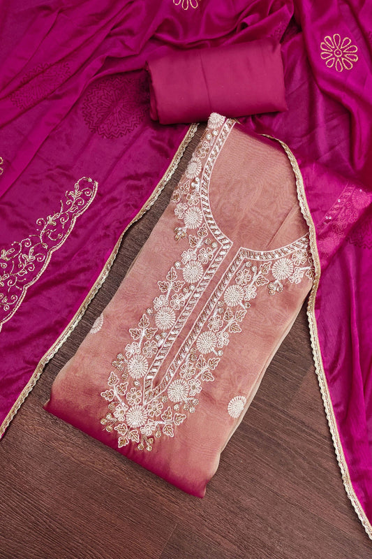 Elegant Pink Salsa Beads Embroidery Work Salwar Suit with Wine Dupatta