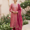 Elegant Pink Salsa Beads Embroidery Work Salwar Suit with Wine Dupatta