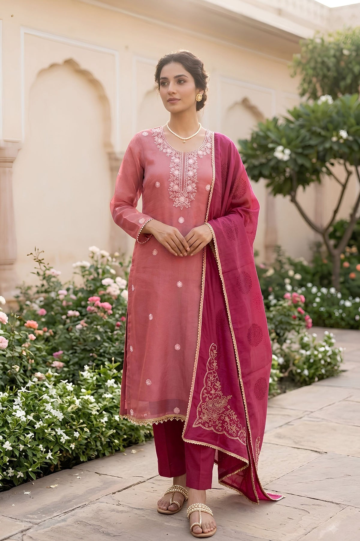 Elegant Pink Salsa Beads Embroidery Work Salwar Suit with Wine Dupatta