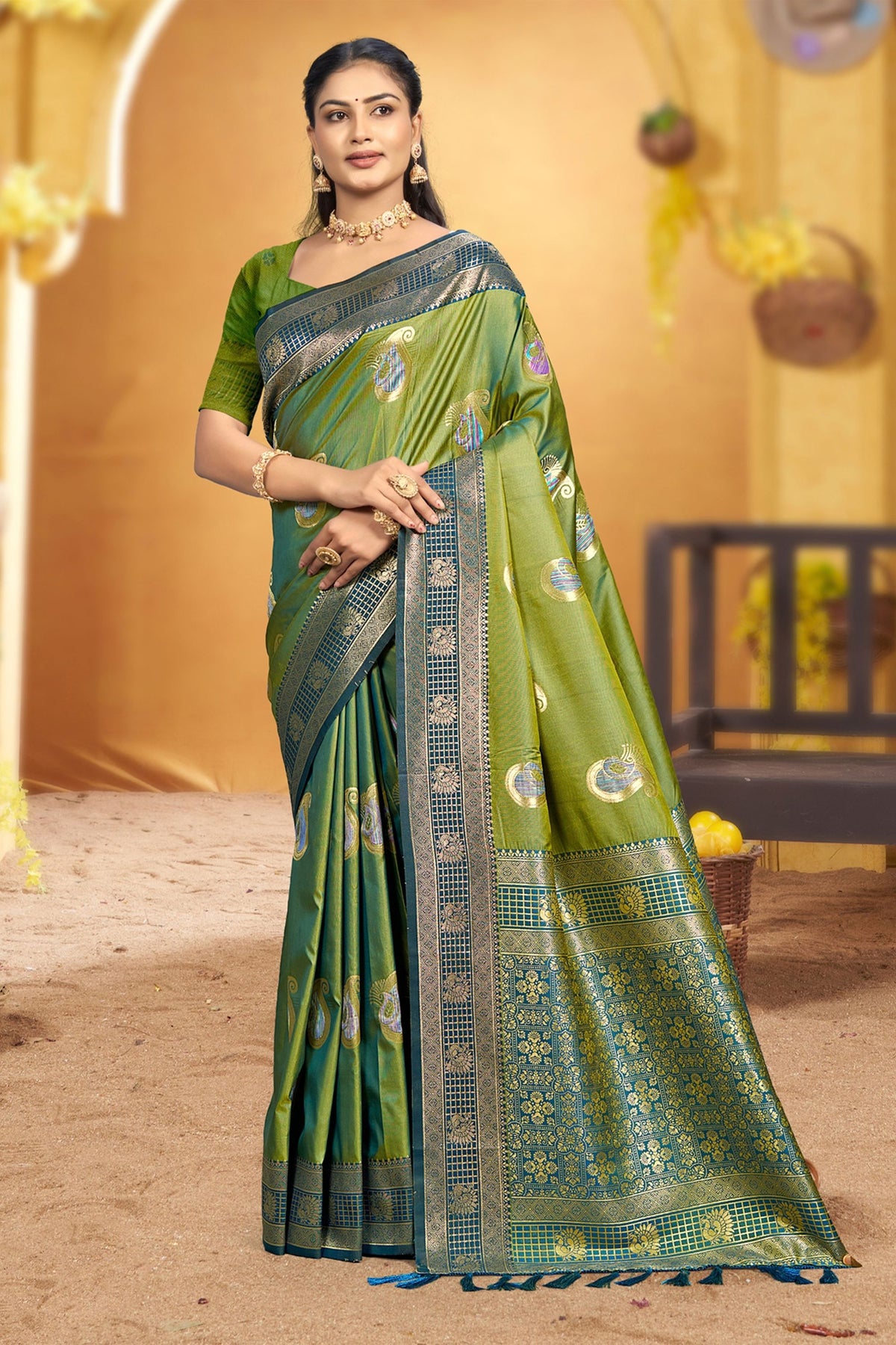 Grateful Olive Green Soft Silk Woven Designer Saree for Women