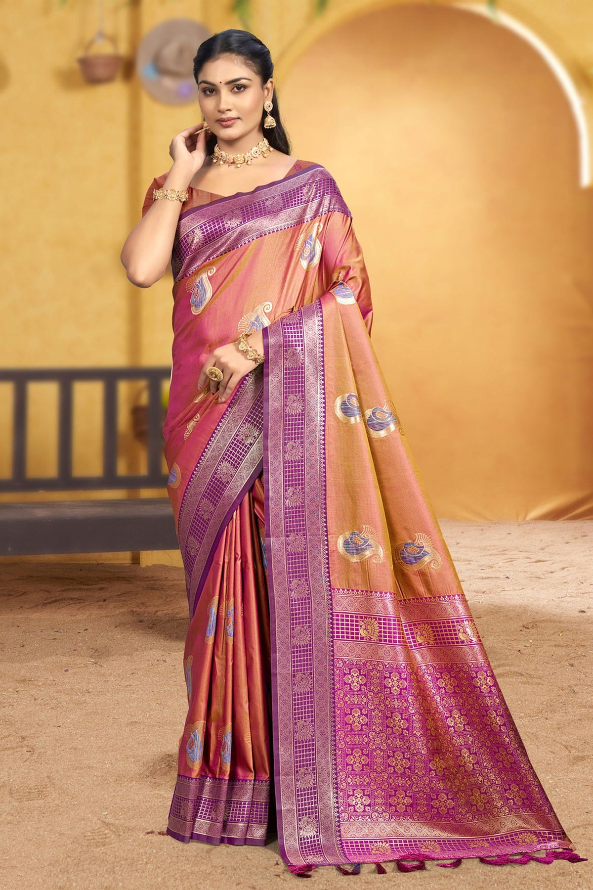 Beautiful Peach Pink Soft Silk Woven Designer Saree for Women