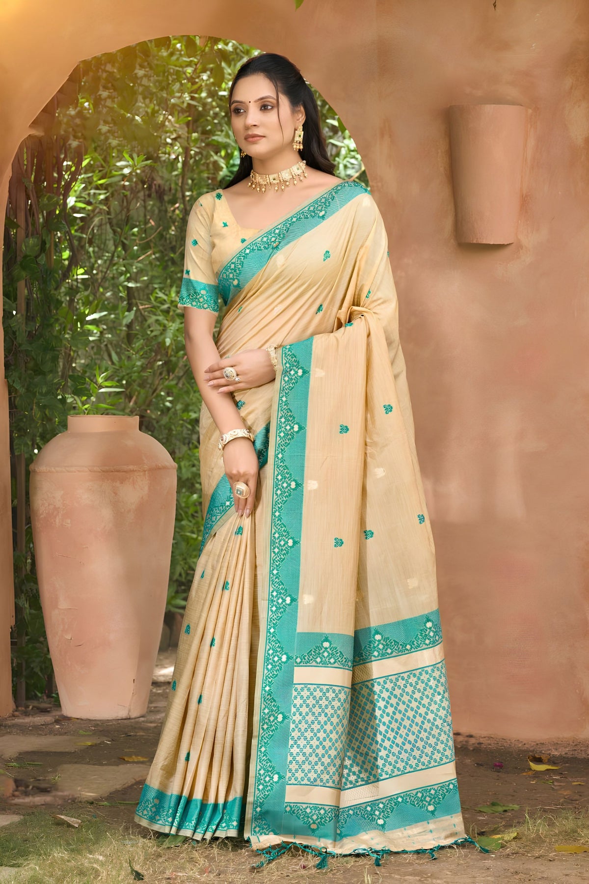 Stylish Beige Assam Silk Woven Designer Saree for Women