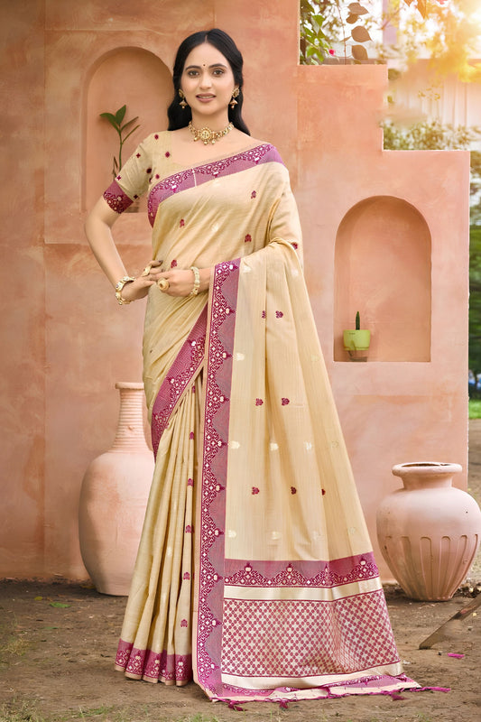Lovely Beige Assam Silk Woven Designer Saree for Women