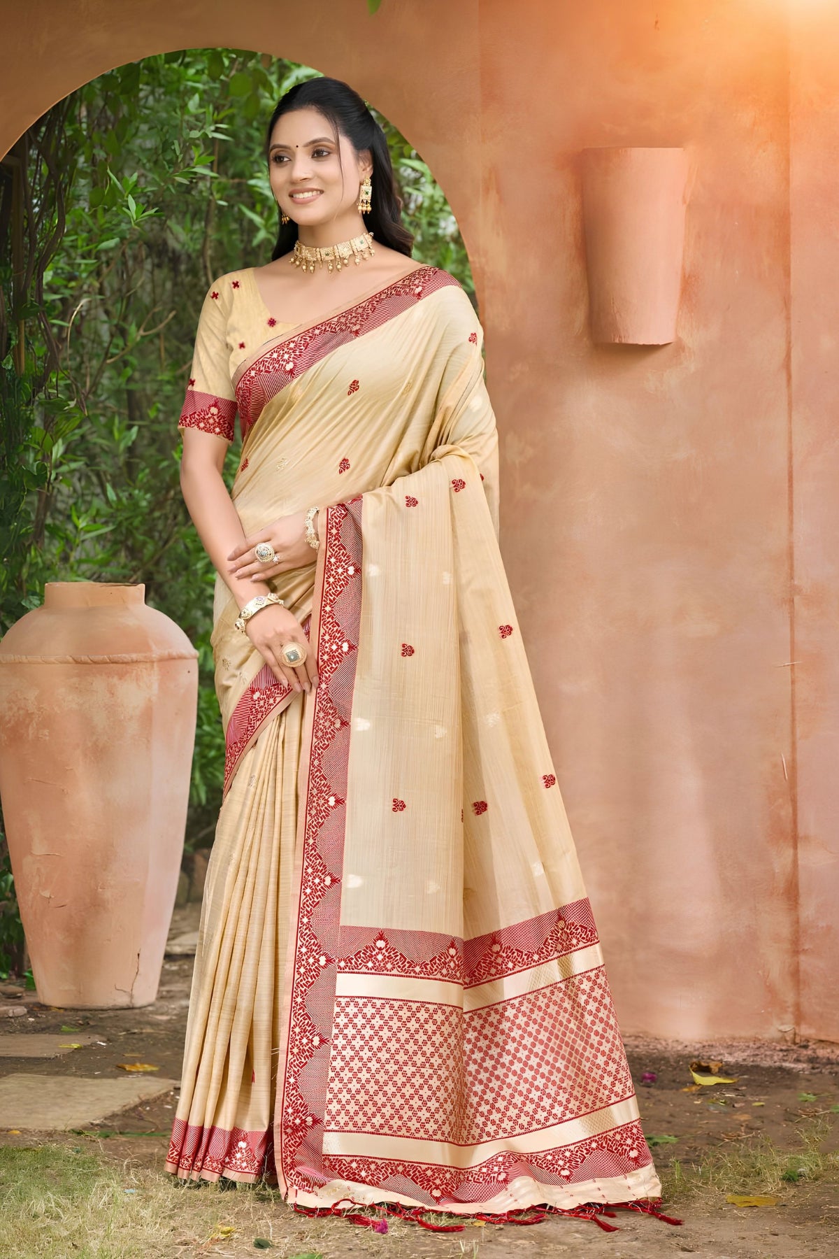 Stunning Beige Assam Silk Woven Designer Saree for Women