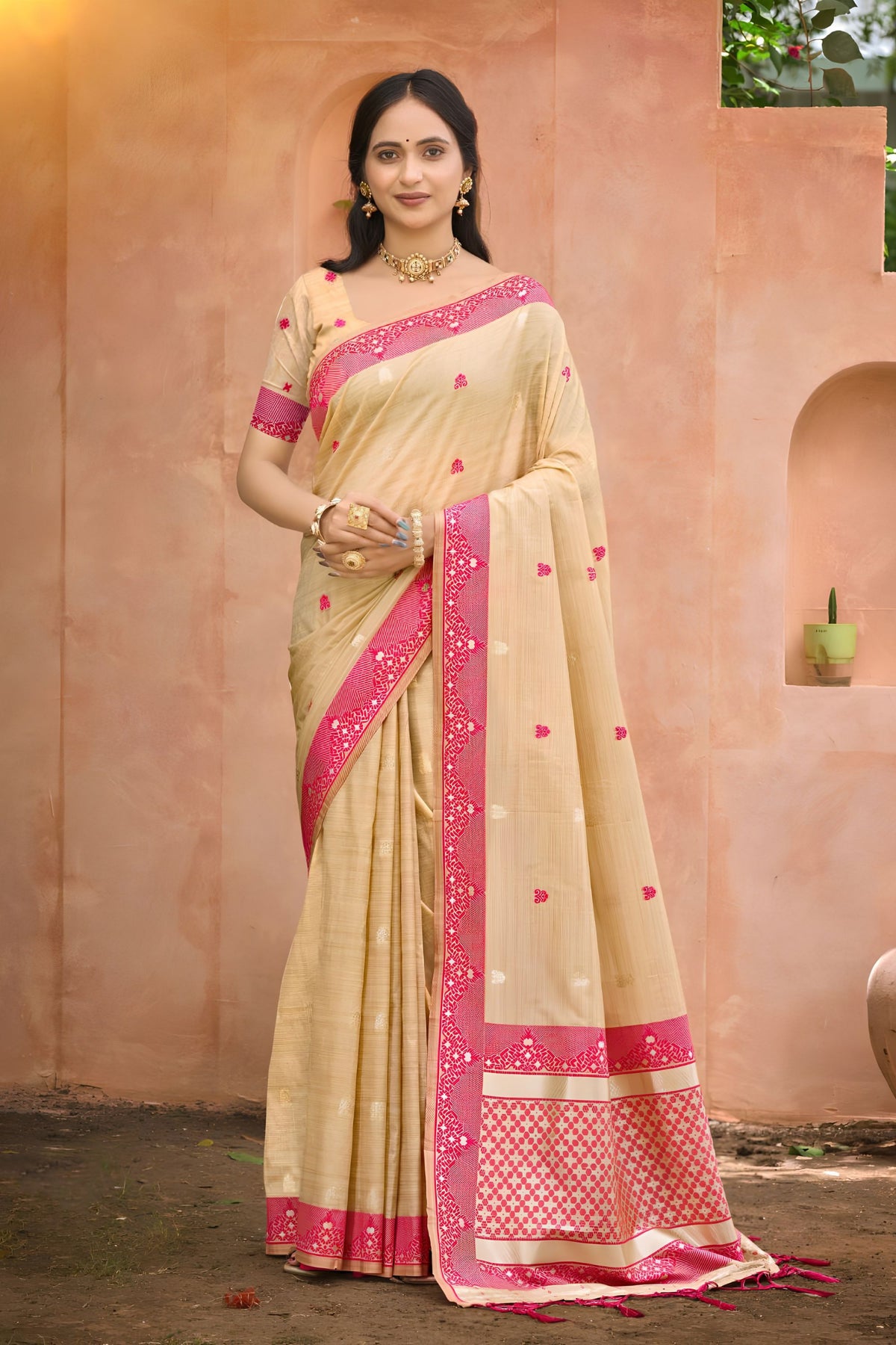 Gorgeous Beige Assam Silk Woven Designer Saree for Women