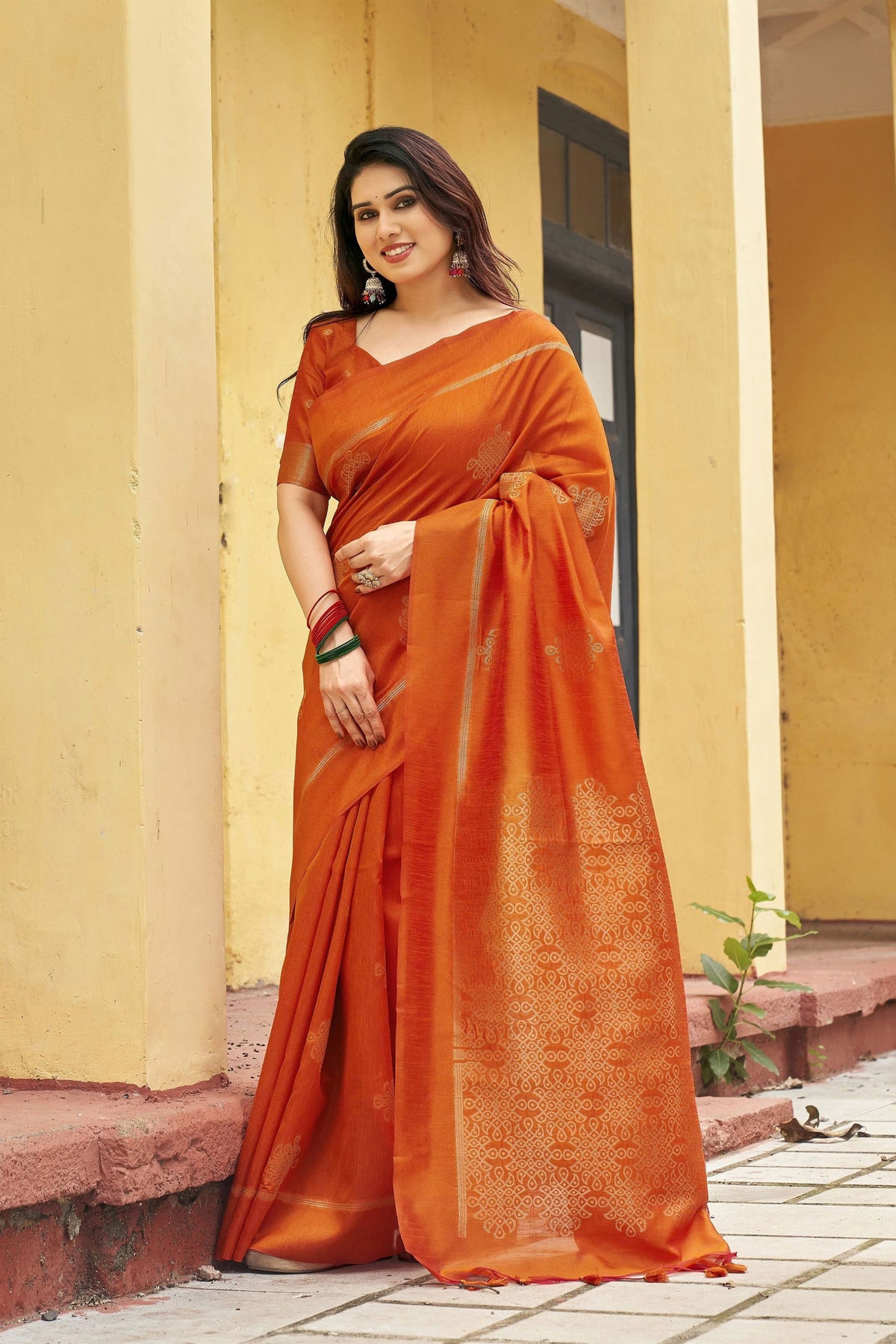 Premium Orange Khadi Raw Silk Woven Paithani Saree for Women