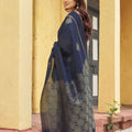 Royal Navy Blue Khadi Raw Silk Woven Paithani Saree for Women