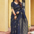 Royal Navy Blue Khadi Raw Silk Woven Paithani Saree for Women