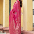 Beautiful Rani Pink Khadi Raw Silk Woven Paithani Saree for Women