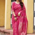 Beautiful Rani Pink Khadi Raw Silk Woven Paithani Saree for Women