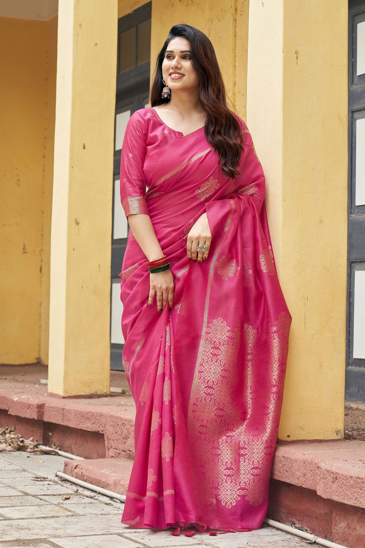 Beautiful Rani Pink Khadi Raw Silk Woven Paithani Saree for Women
