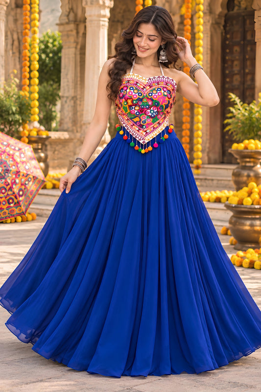 Stunning Royal Blue Georgette Mirror Work Indo Western Lehenga Choli for Women