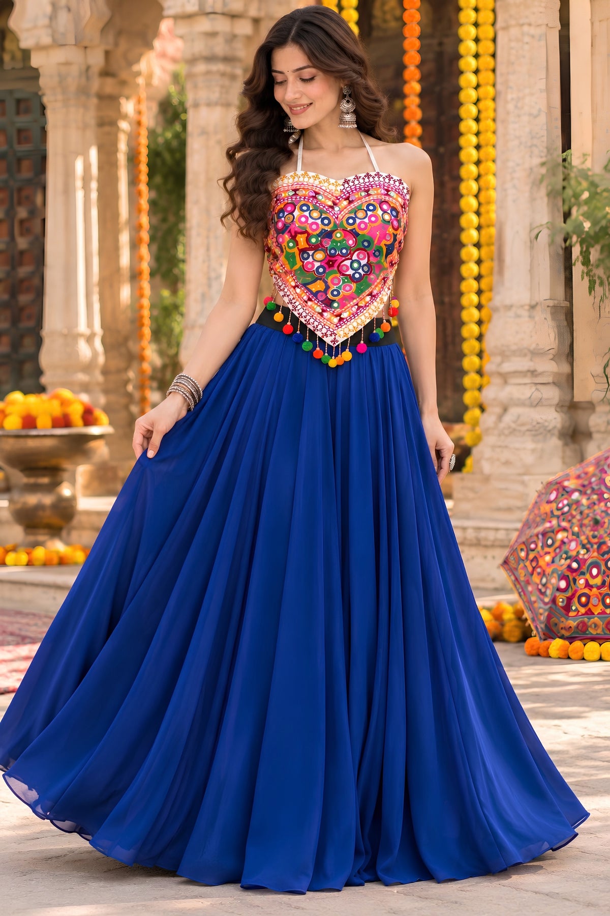Stunning Royal Blue Georgette Mirror Work Indo Western Lehenga Choli for Women