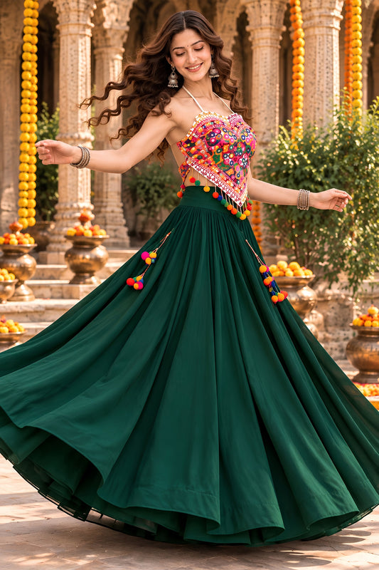 Grateful Dark Green Georgette Mirror Work Indo Western Lehenga Choli for Women