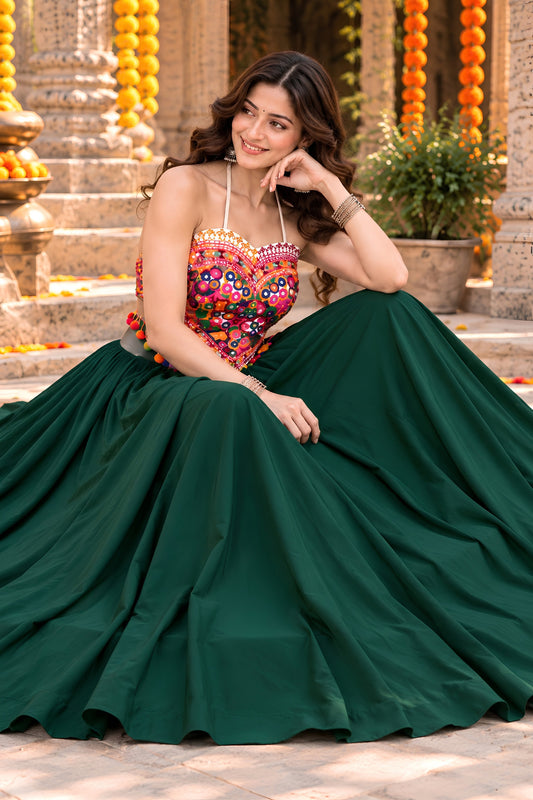 Grateful Dark Green Georgette Mirror Work Indo Western Lehenga Choli for Women