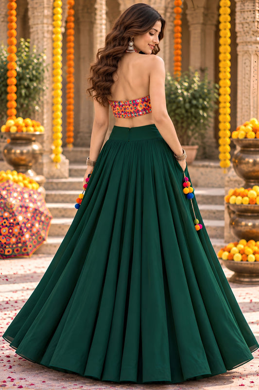 Grateful Dark Green Georgette Mirror Work Indo Western Lehenga Choli for Women