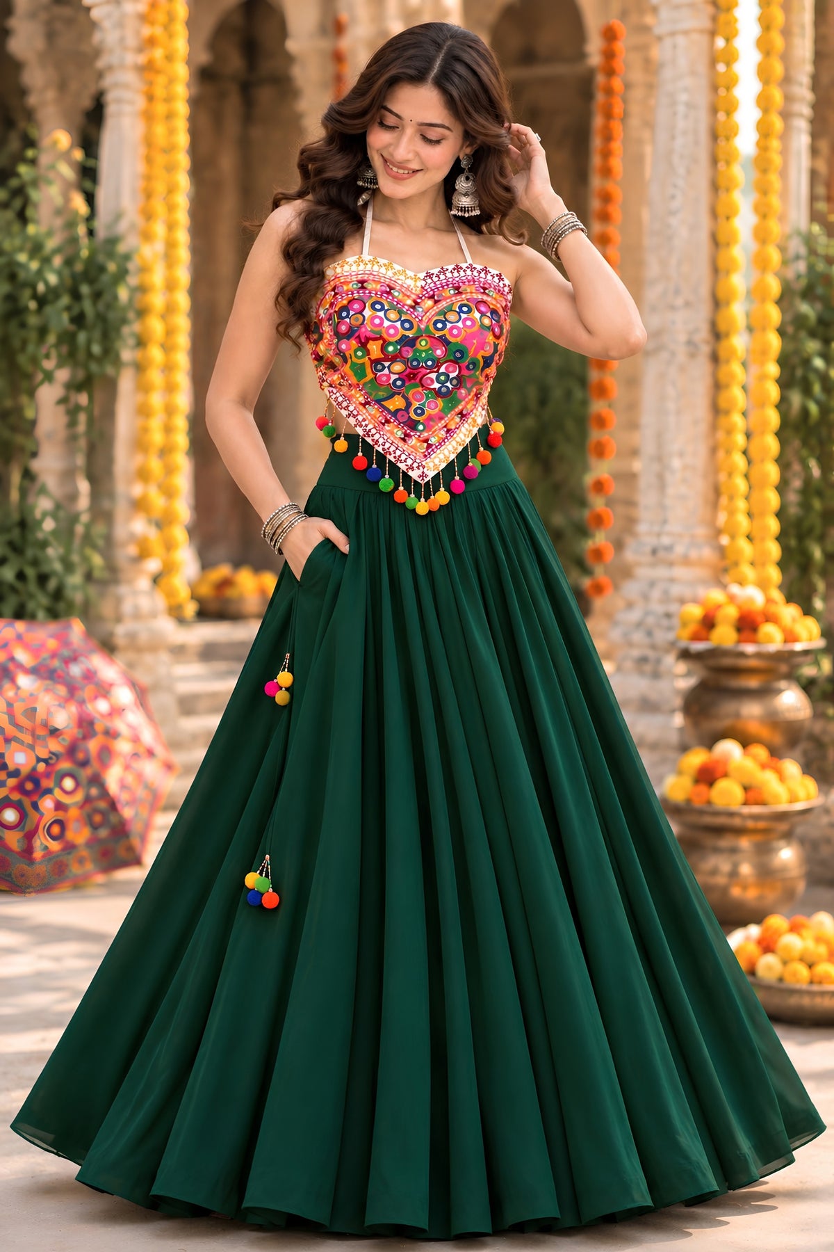 Grateful Dark Green Georgette Mirror Work Indo Western Lehenga Choli for Women