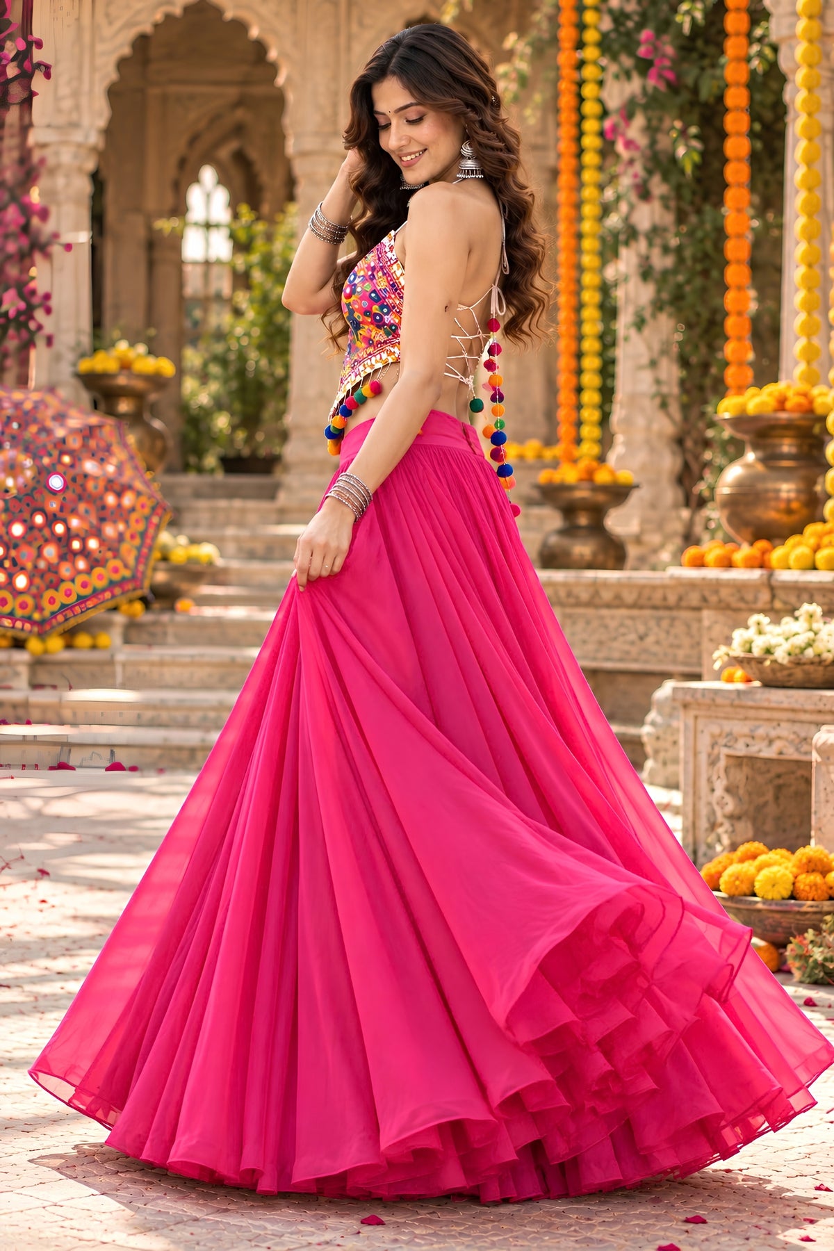 Lovely Rani Pink Georgette Mirror Work Indo Western Lehenga Choli for Women