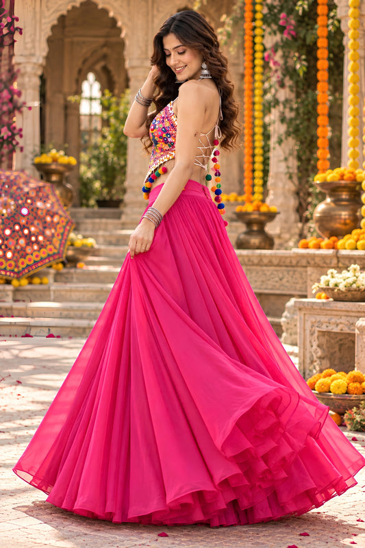 Lovely Rani Pink Georgette Mirror Work Indo Western Lehenga Choli for Women