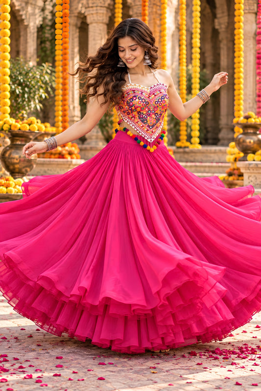 Lovely Rani Pink Georgette Mirror Work Indo Western Lehenga Choli for Women