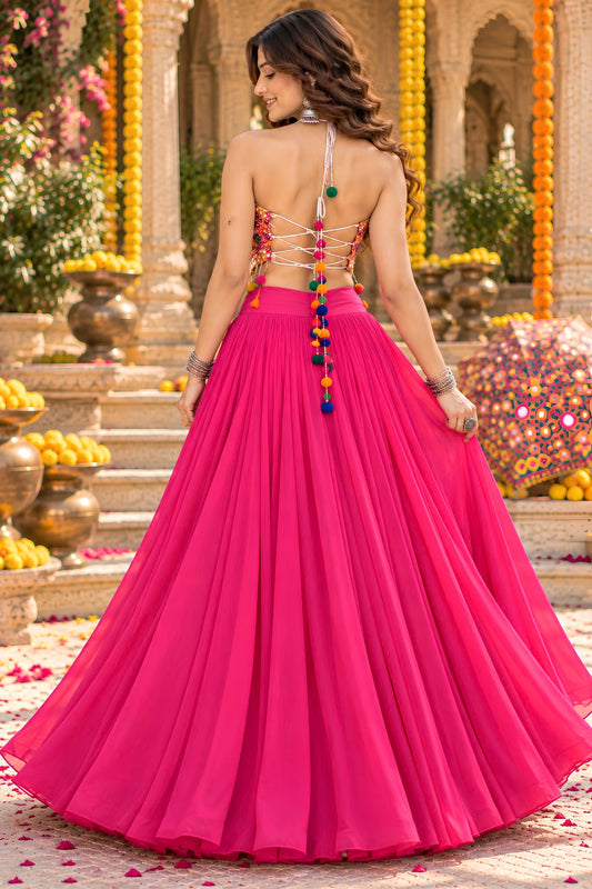 Lovely Rani Pink Georgette Mirror Work Indo Western Lehenga Choli for Women